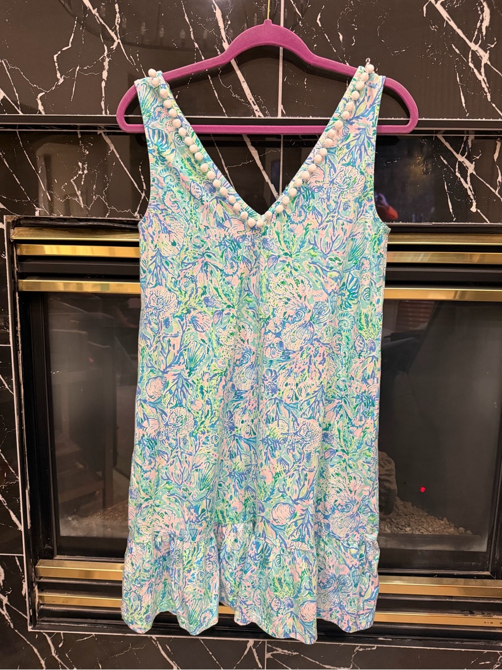 Lilly Pulitzer Aqua 100% Cotton Pom Pom Mini Dress Vacation Resort
